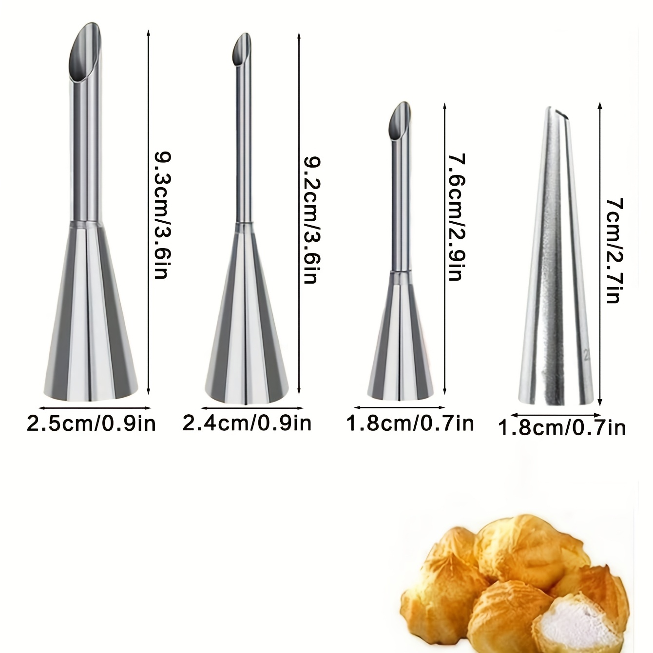 Image of 3pcs/4pcs/6pcs/8pcs Stainless Steel Cream Piping Tips | Professional Long Puff Nozzle For Decorating Birthday Cakes, 304 Grade, Baking Supplies For Kitchen Use