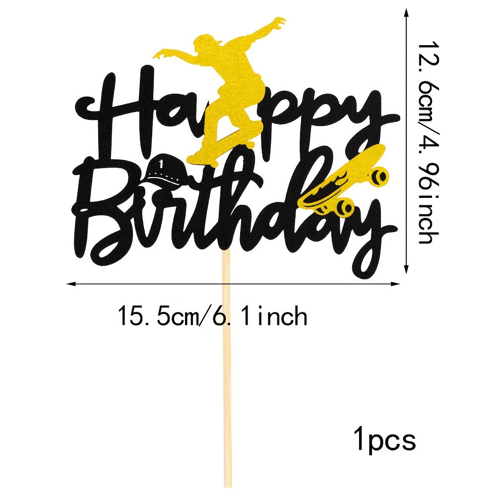 Image of Skateboard Birthday Cake Decorations, Sports Game Themed Cake Decor, Skateboard Birthday Party Decorations, Birthday Party Supplies - Golden And Black Glitter