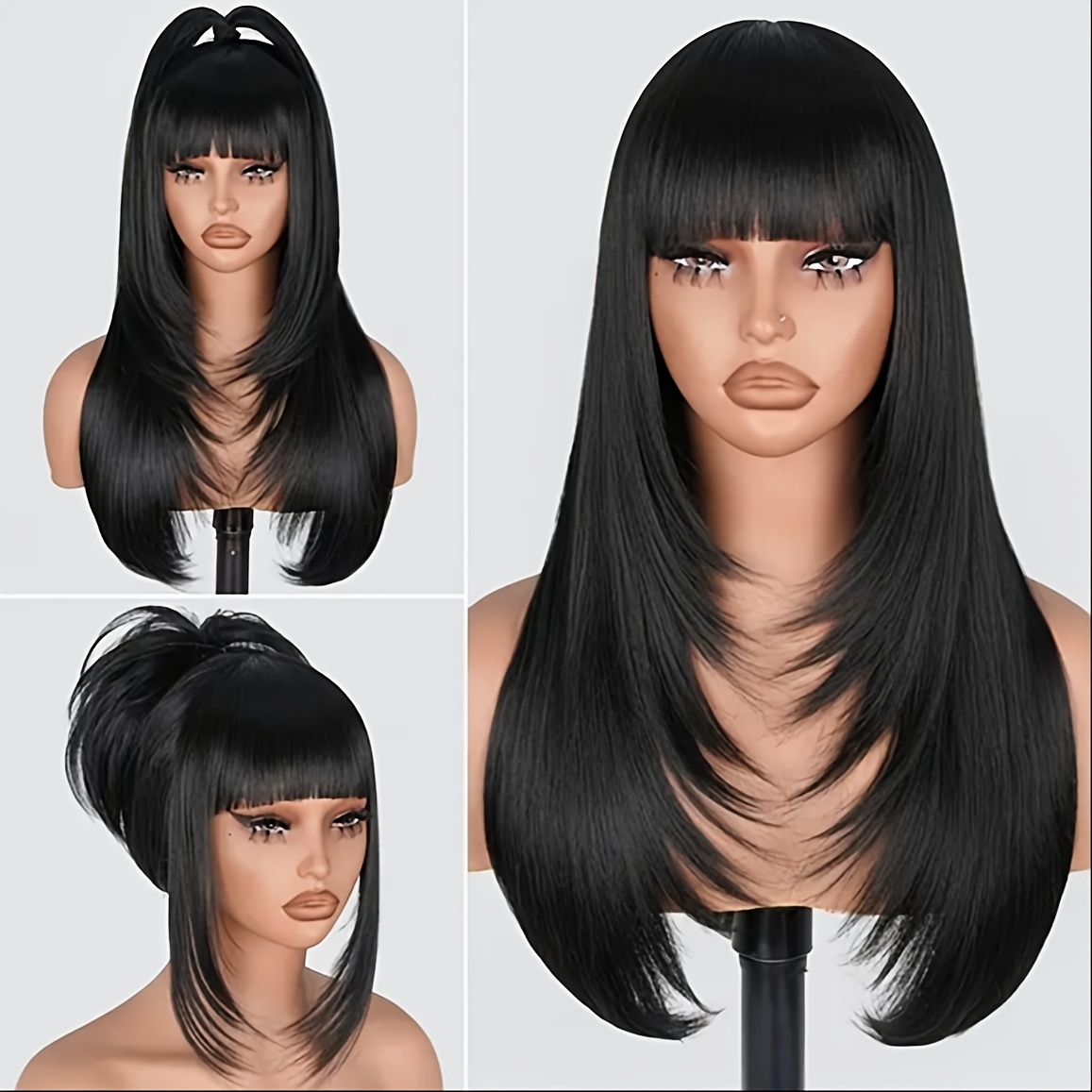 Layered Wig with Bangs for Women, 26 Inch Long Synthetic Hair, Glueless Amazon.com : Long Straight Layered Wig with Bangs for Women  main image 3