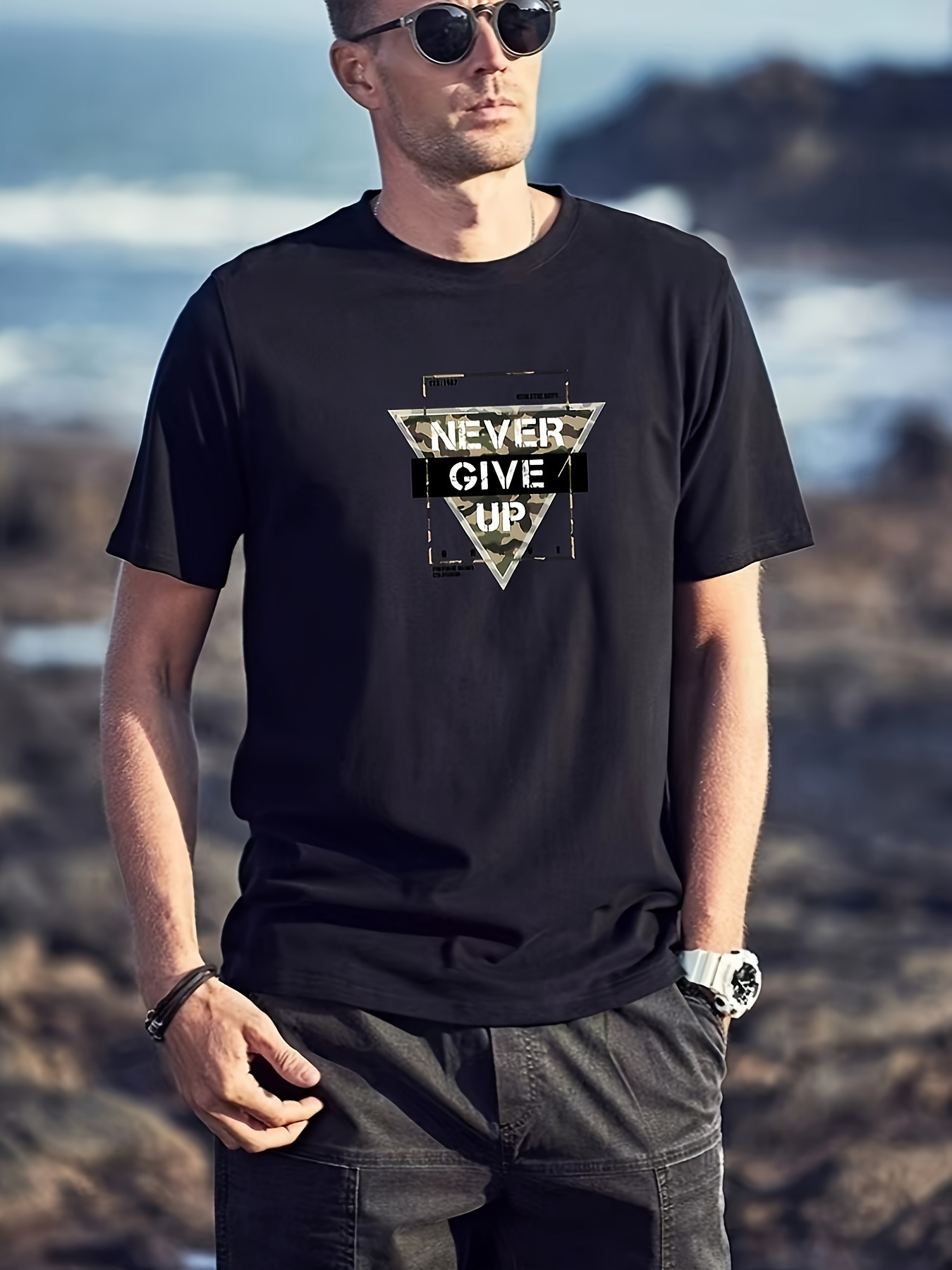 Plus Size Never Give Print Crew Neck T shirt Men Casual - Temu Canada