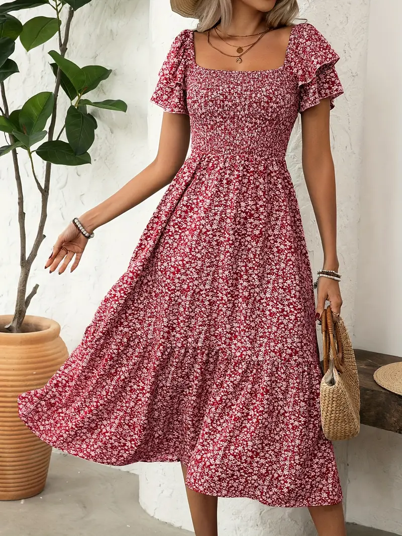 Elegant Floral Print Ruffle Hem Short Sleeve Dress for Women, Polyester Shirred A-Line Midi Dress, with Square Neckline, for Spring/* Elegant Floral Print Ruffle Hem Short Sleeve Dress for Women, Polyester Shirred A-Line Midi Dress, with Square Neckline, for Spring/*