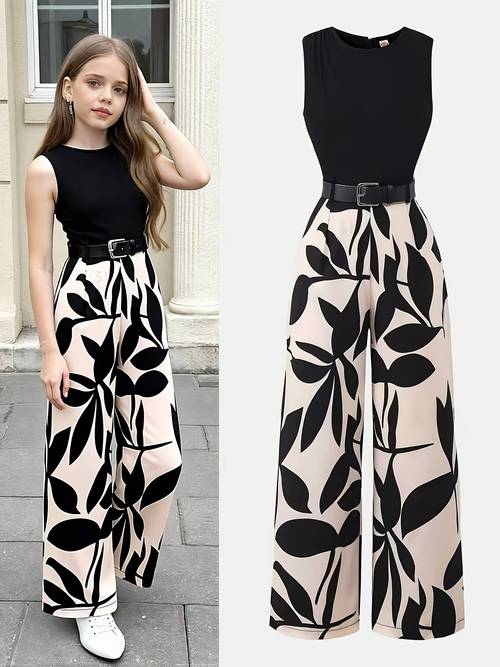 summer girls sleeveless top with print high waisted wide leg pants waist cinching jumpsuit with belt for daily casual wear outdoor