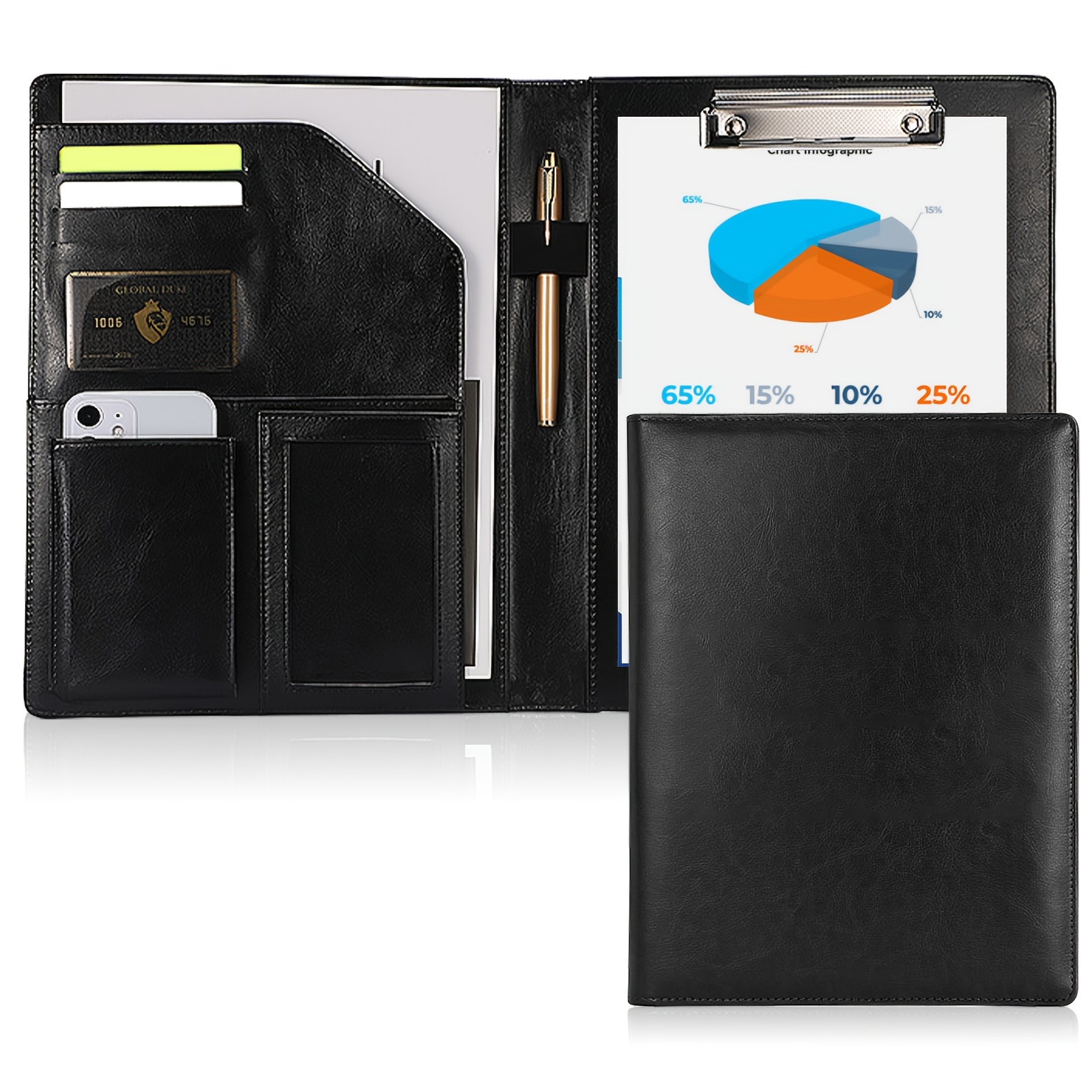 

Leather Portfolio Folder With Clipboard - Professional Padfolio With Phone Pouch, Pen Holder, Calculator Slot, Document Sleeve, And Business Card Slots For Office, School, And Conference - 1 Pcs