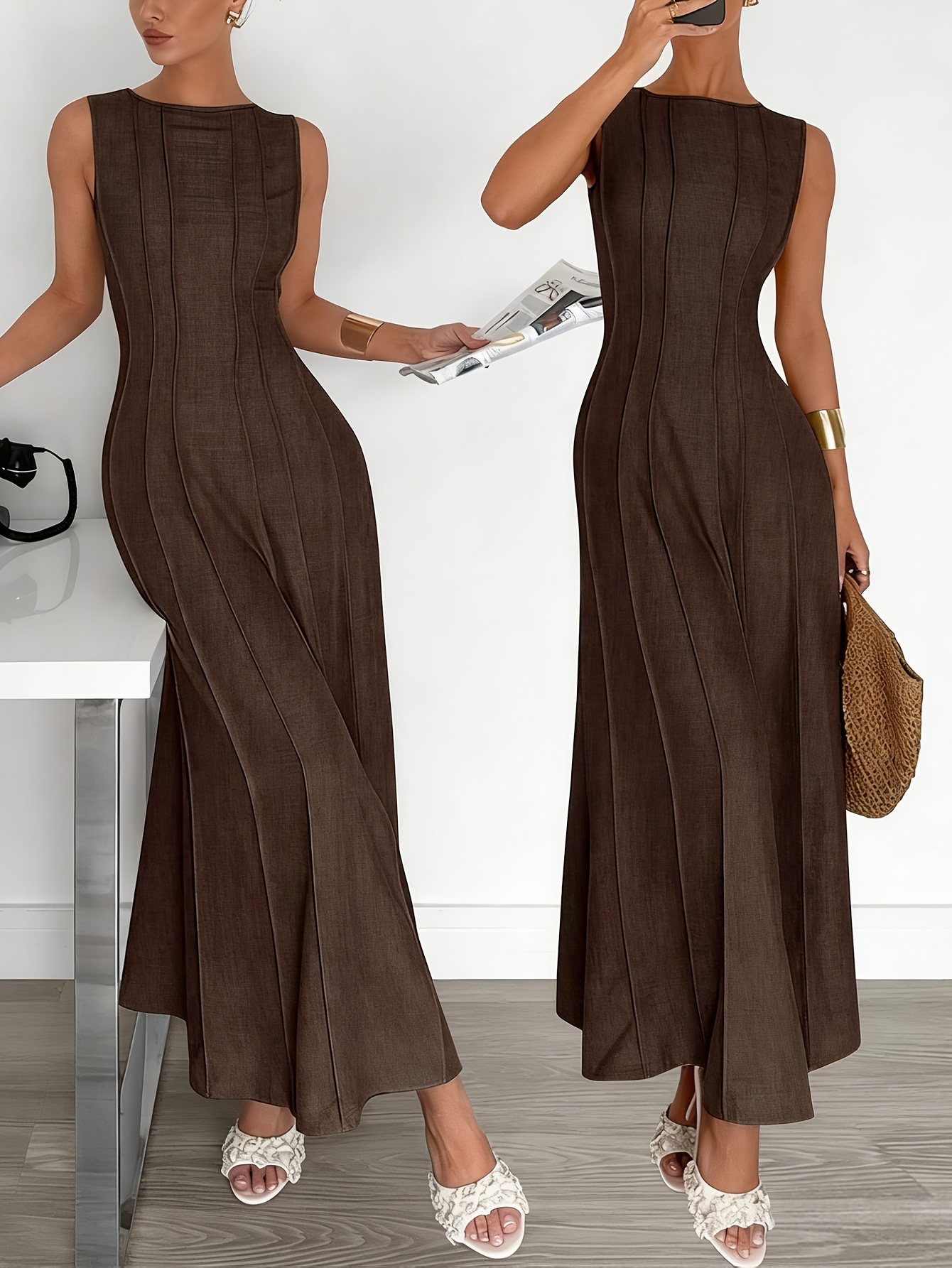 brown embroidered rose dress temu Simple Cotton Blend Knit Maxi Dress