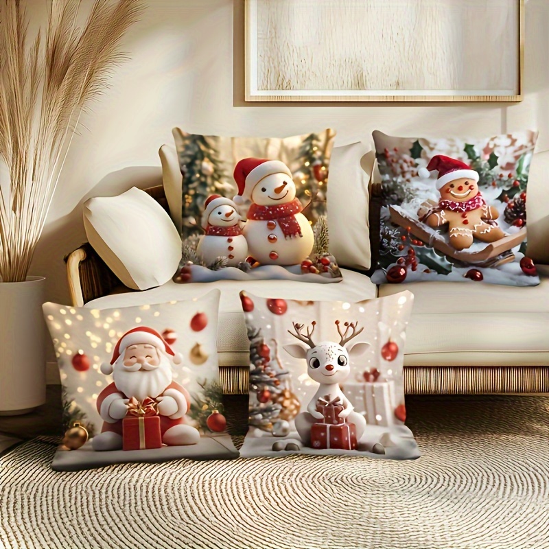 

4pcs 3d Christmas Print Throw Pillow Covers, Vibrant Holiday Decor, Zip Closure Polyester Cushion Cases, Machine Washable, For Sofa,