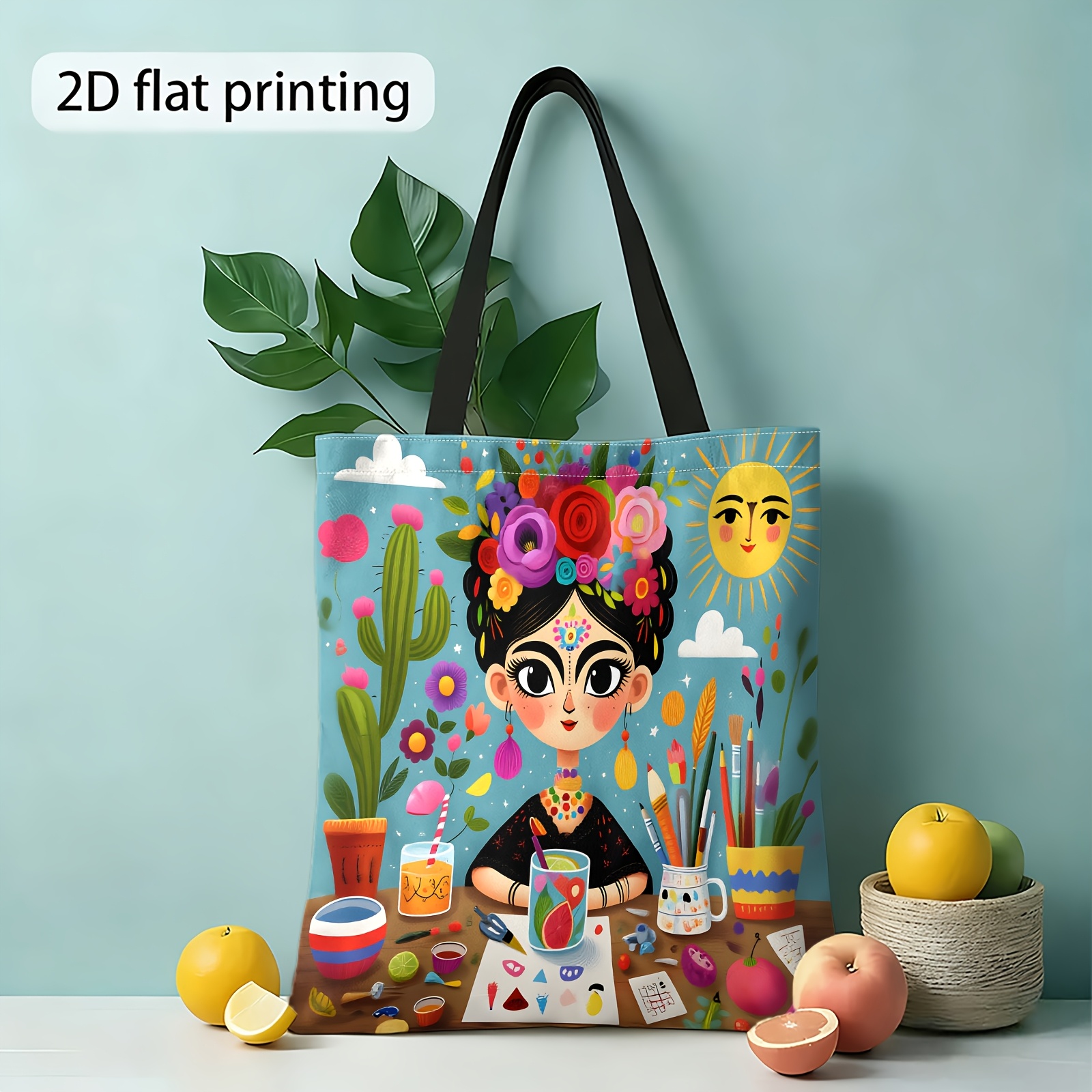 TEMU Reversible Printed Shoulder Bag Featuring Artistic Female Designs, Reusable Shopping Tote