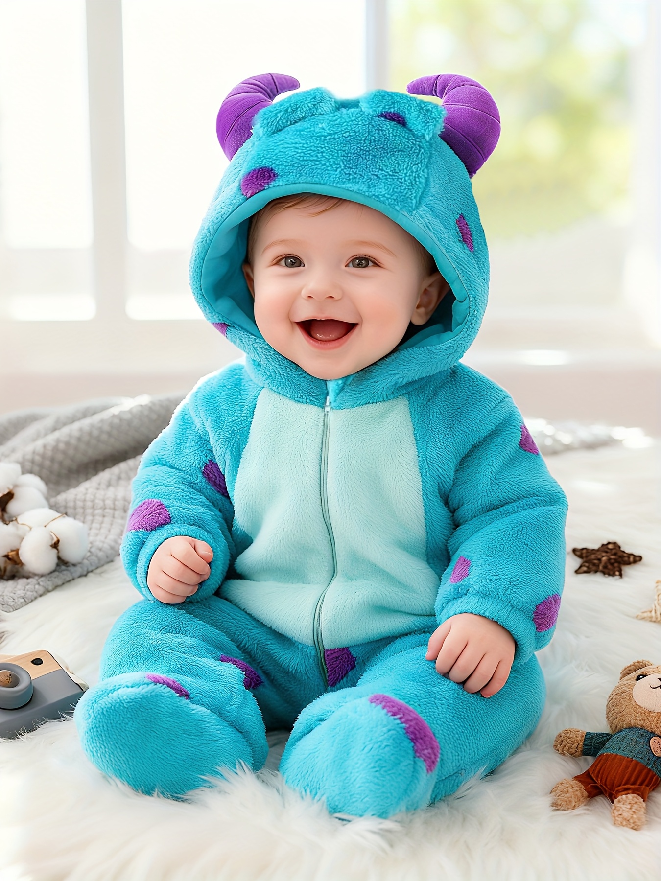 Cute Plush Onesie for Baby Girls with Footed Design, Perfect for Autumn And Winter, Featuring a Cartoon Monster Theme Inspired by Sulley for Warmth And Comfort, for Outdoor