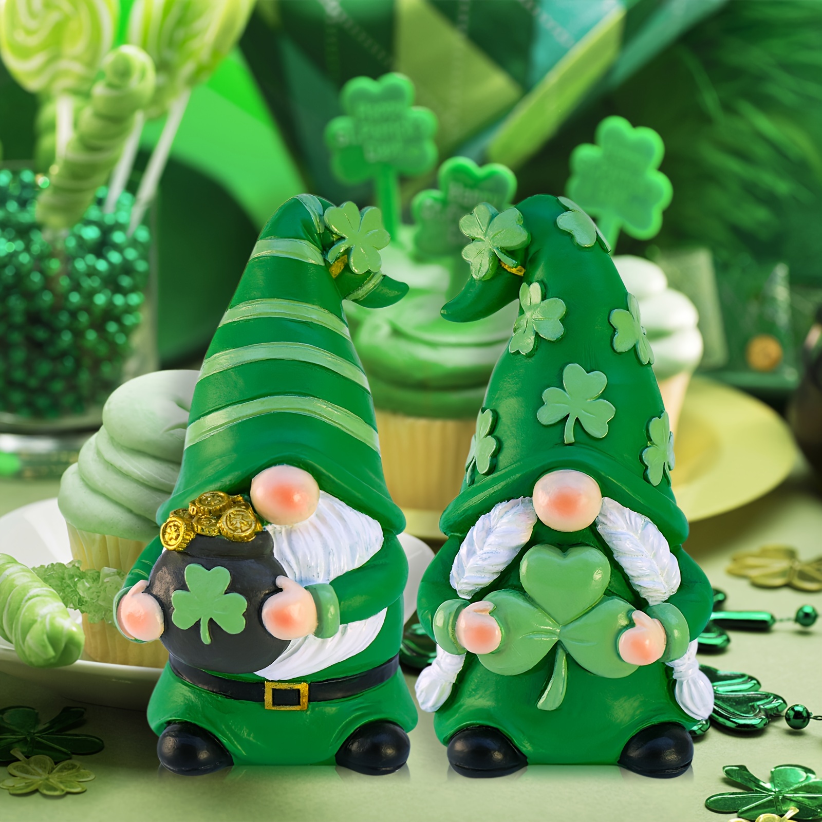 

2pcs Style Resin 's Day Figurines - Green Irish Table Decorations For Home, Office, Garden - Spring & Easter Decor, No Electricity Needed, Featherless