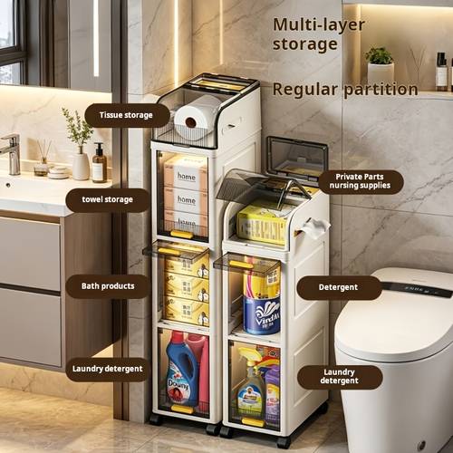 20cm narrow bathroom storage cabinet with rolling wheels stackable toilet side organizer cart with tissue dispenser drawers dustproof multi layer plastic shelf for bathroom laundry room kitchen storage storage drawer units