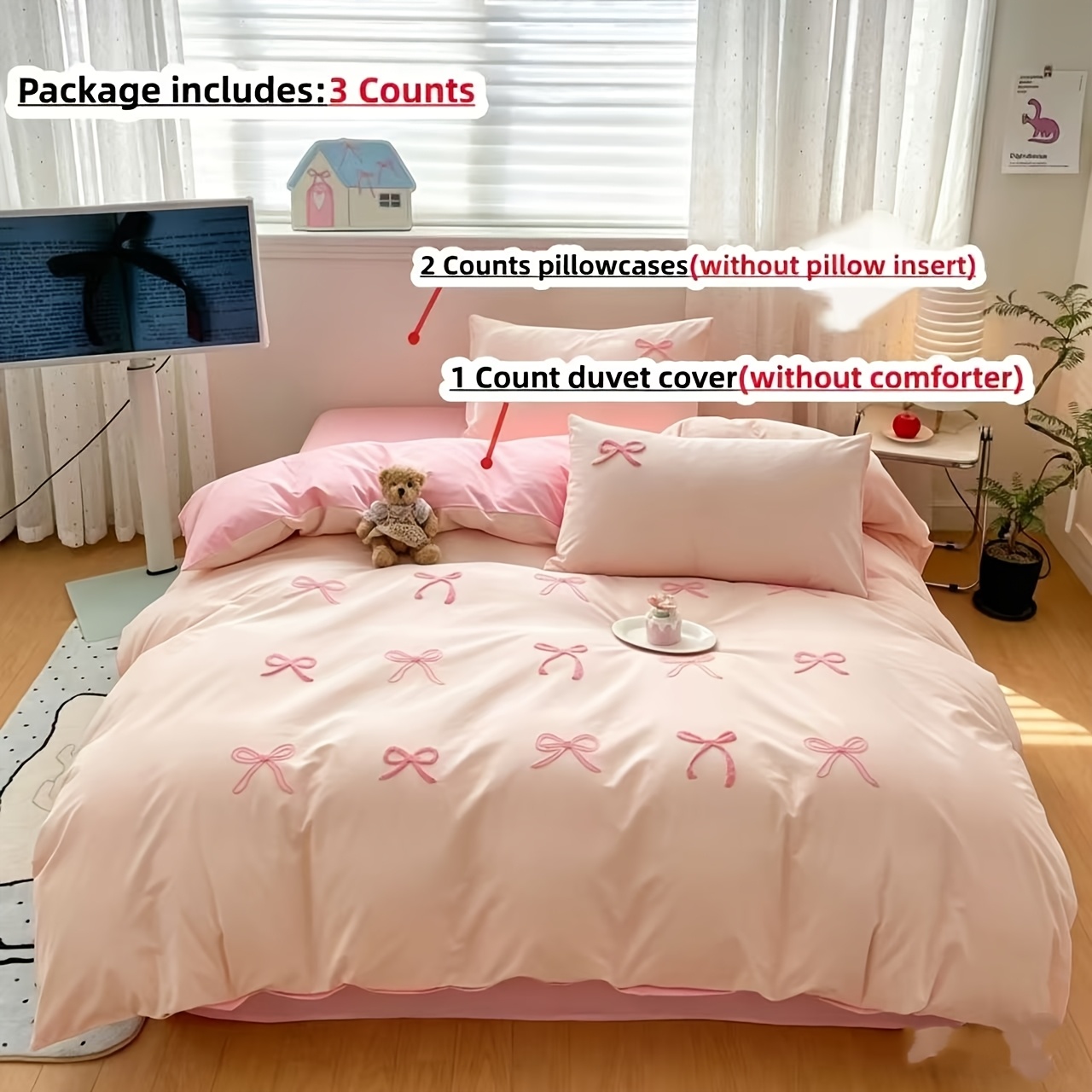 Image of 3pcs Embroidered Bow Bedding With Duvet Cover And Pillowcases, Zippered Duvet Cover For , Comfortable Soft Breathable Fabric, Suitable For