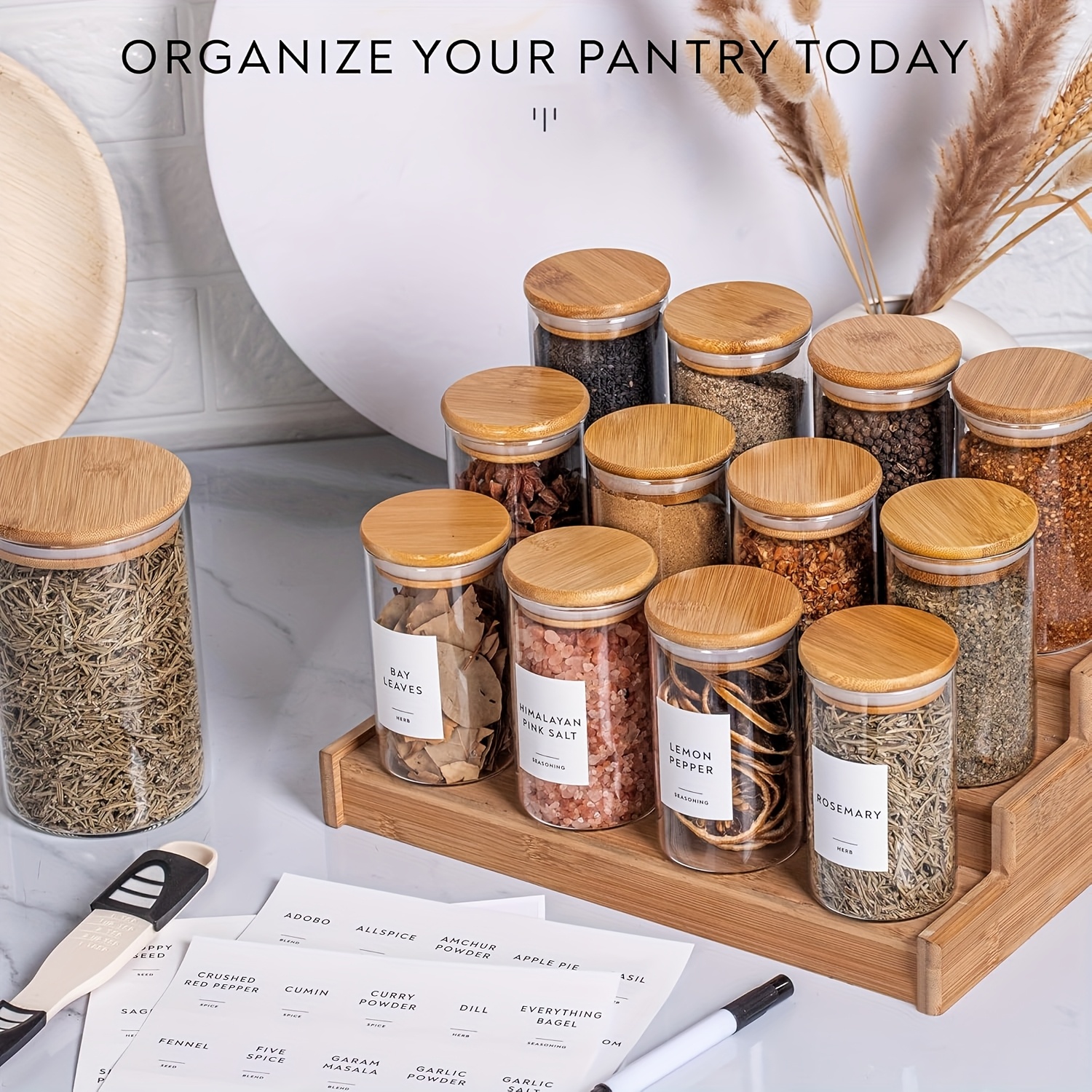 12pcs empty glass jars set 177 266ml round spice jars with bamboo airtight lids and printed label set food storage container canisters for home kitchen spice herbs seasoning seed tea  