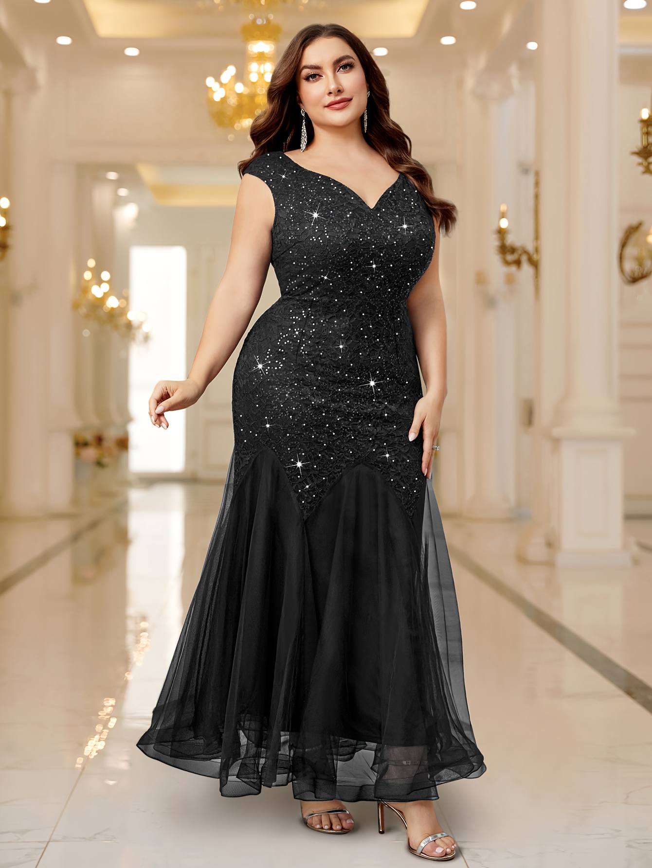 chinese dress ladies Betsy & Adam Plus Size Sequined-Lace Ruched Gown - Eggplant Purple main image 0