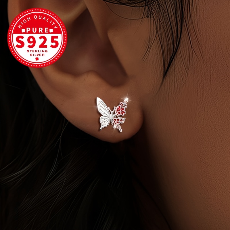 Women's S925 Sterling Silver Irregular Red Leaf Butterfly Stud Earrings