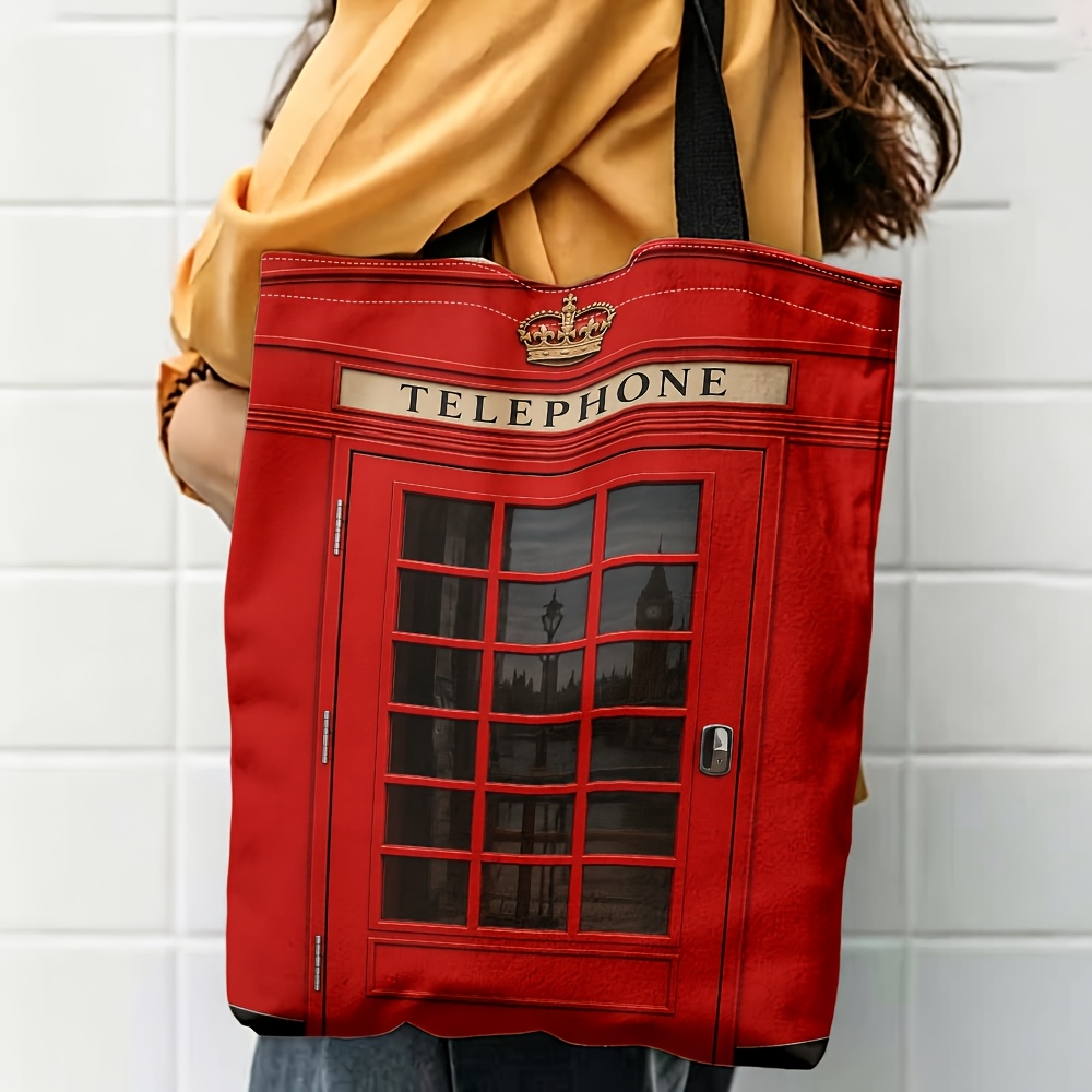 TEMU 1pc 2d Printed Telephone Booth Pattern Shoulder Bag, Classic And Stylish Daily Commute Tote Bag, Multi-functional Fashionable Lightweight