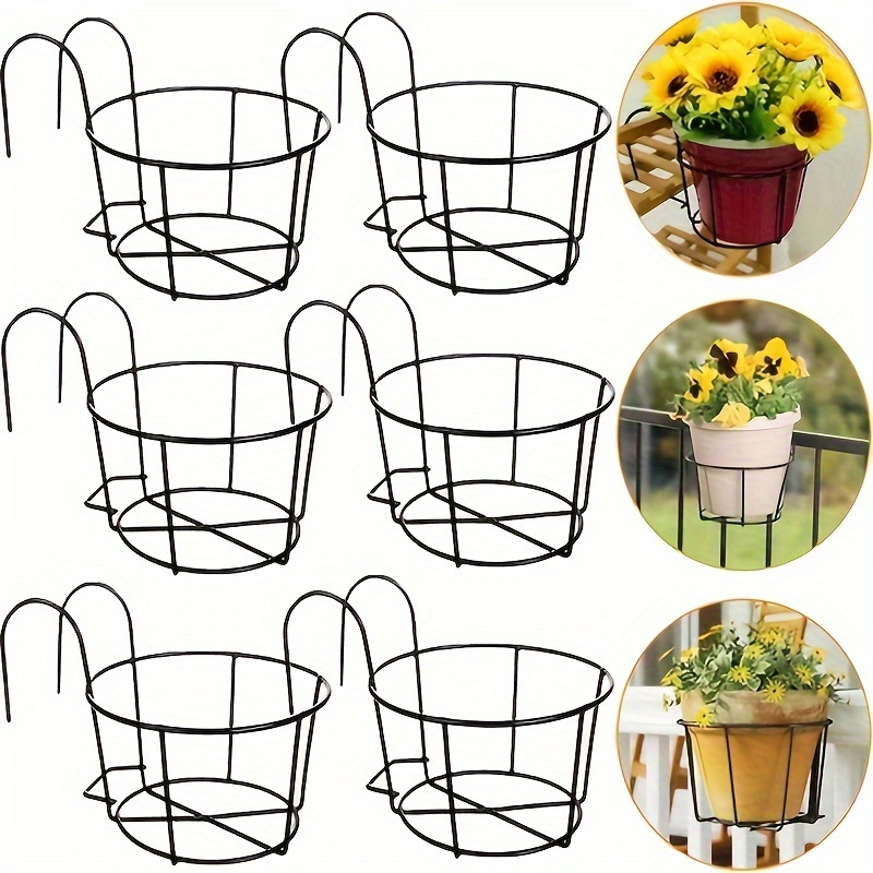 

6-pack Iron Hanging Railing Planter Baskets, Metal Fence Plant Holders With Detachable Hooks, Suitable For Balcony, Garden, Indoors And Outdoors - Black