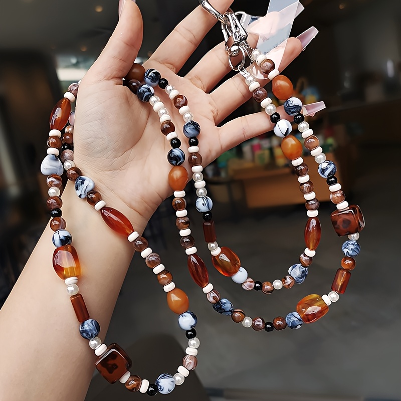 Luxury Retro Amber Irregular Stone Beaded Diagonal Lanyard Clip Style Pendant Mobile Phone Strap Long Neck Strap Anti Loss Sling