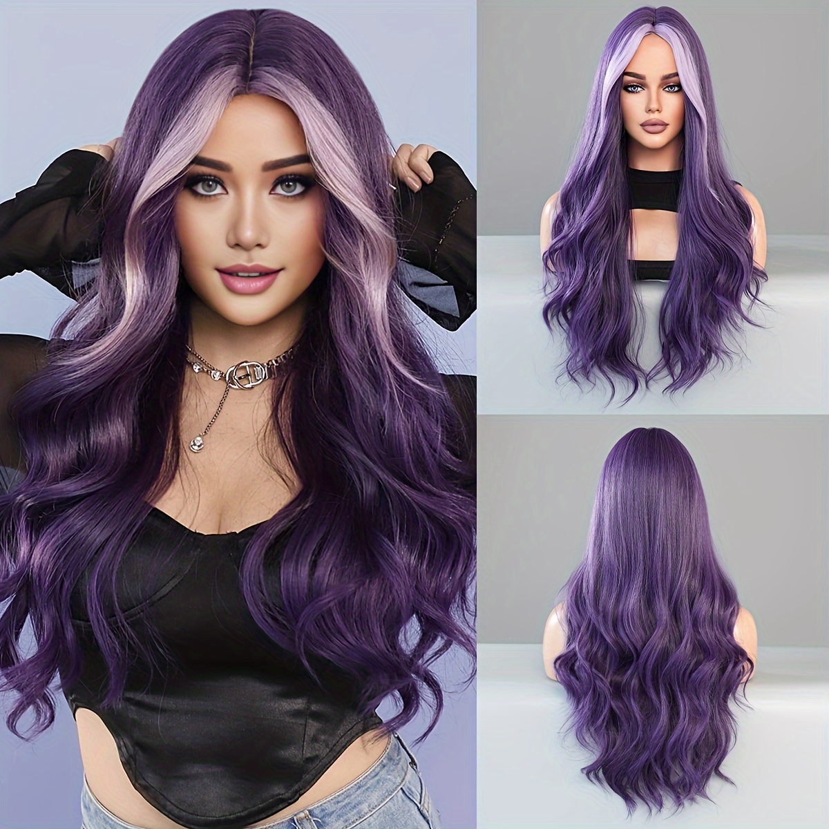 

High-density Ombre Purple Wig For Women - 28" Long, Loose Curly With Middle Part | Heat Resistant Synthetic Hair For Halloween & Cosplay