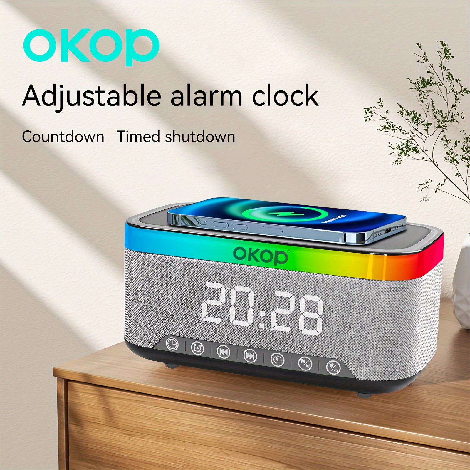 

Okop559 Wireless Speaker Sound Machine White Noise Fast Wireless Charging For Iphone Samsung - Dimmable Clock Radio For Bedroom