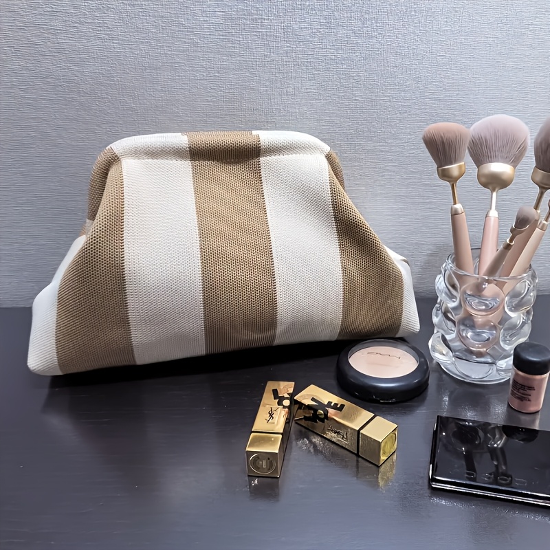 TEMU Women's Clutch Bag, Travel Knitted Clutch, Fashionable Striped Makeup Bag With Large Capacity, Versatile Daily Contrast-color Clutch With Clasp,