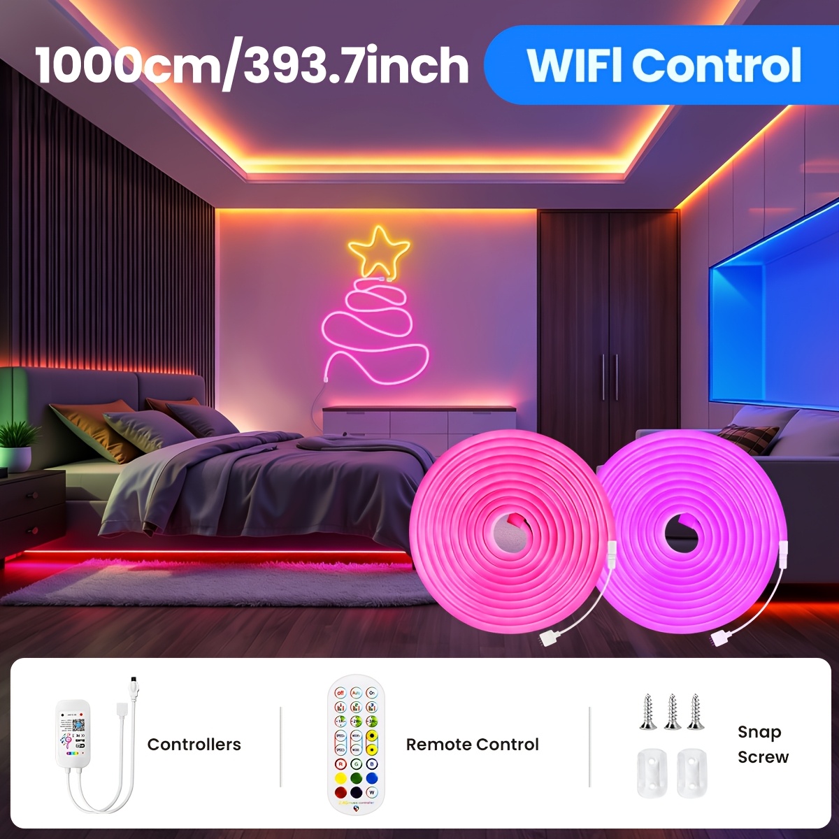 10m/5m Rgb Neon Led Strip With App And Remote Control, , Bt/wifi Version, Dimmable, Timer And Music Sync, Lamp For Rooms Party Decoration