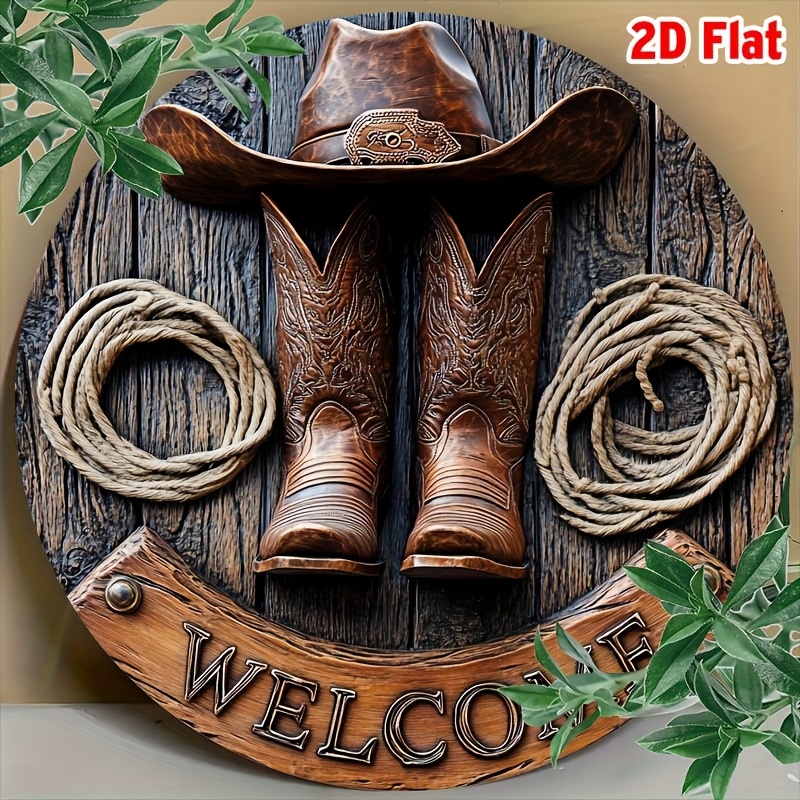 TEMU [2d Flat] Vintage-style Decorative Signs And Plaques Featuring Denim - 2d Flat Round Aluminum Wall Art, Versatile Metal Decoration Suitable For