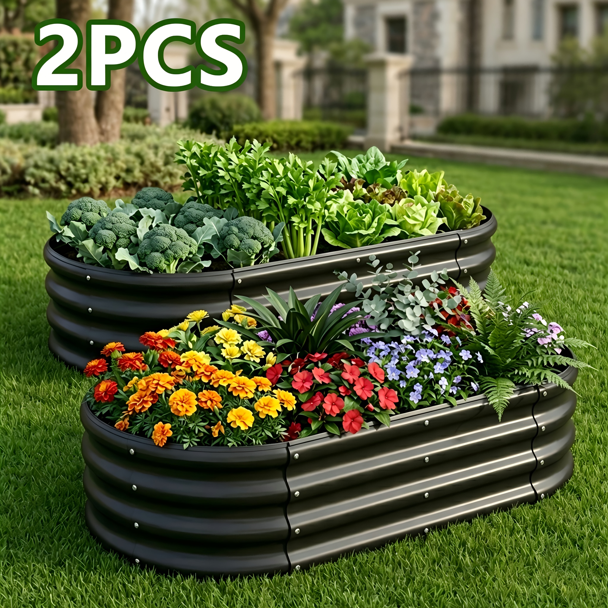 TEMU 2pcs Galvanised Raised Garden Bed Kit, Oval Outdoor Planter, Large Metal Planter For Flowers, Plants, Vegetables And Herbs, Easy To Assemble