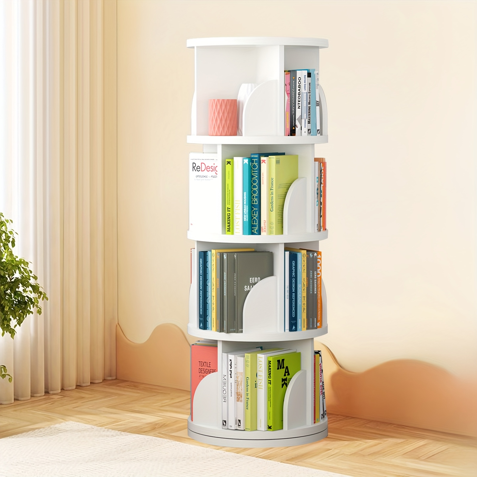360° Rotating Wooden Book Tower, Spinning Bookshelf with 4/5 Tiers for Office, Living Room, And Room
