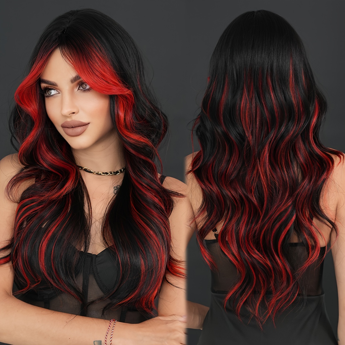 Image of 7jhh Wigs Women' Long Loose Curly Red/black Ombre Wig - Heat-resistant Synthetic Hair With 150% Density, For Volume - -looking Party & Daily Wig Suitable For (25.)