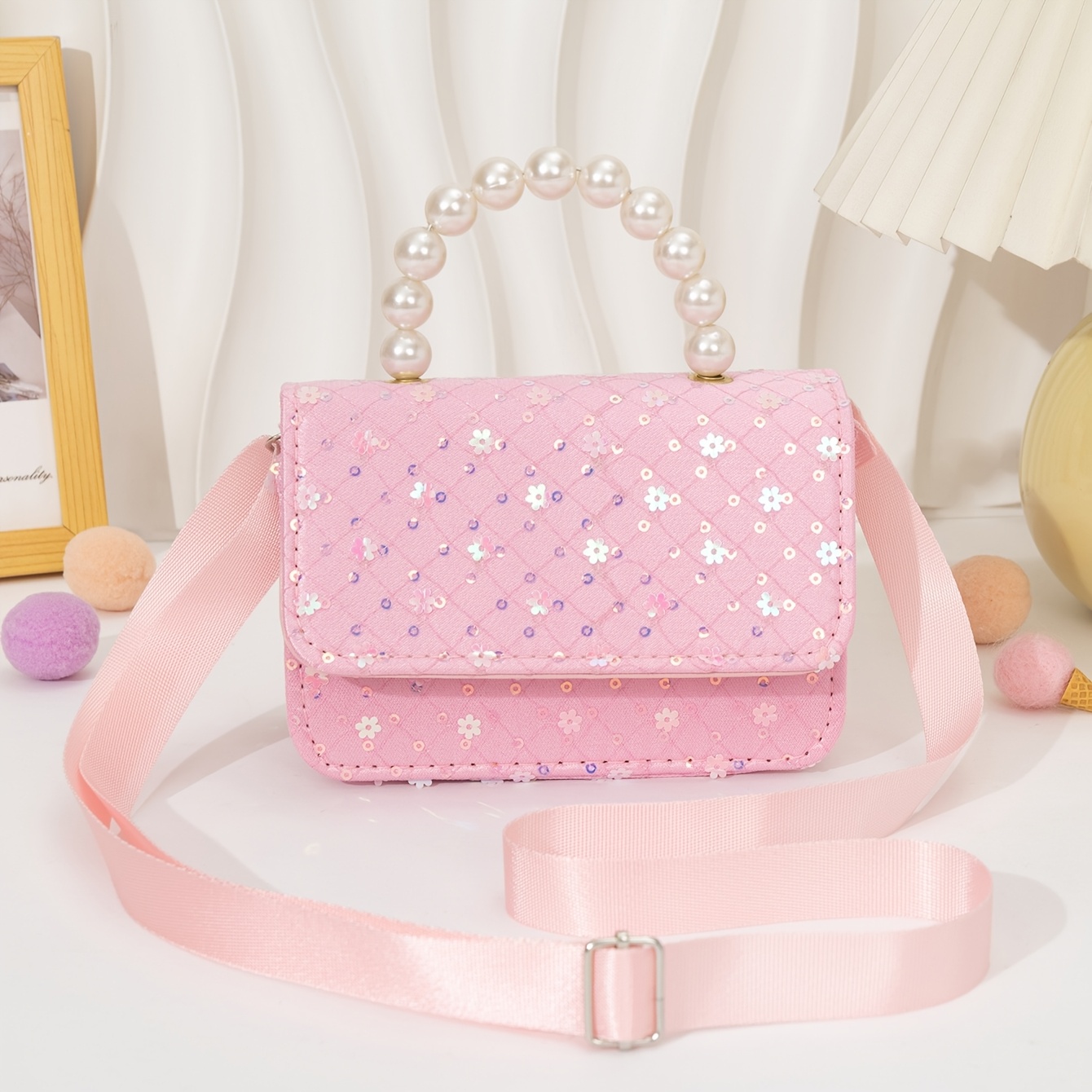 TEMU 1pc Girls' Wavy Sequined Mini Handbag, Pearl Beaded Handle Adjustable Nylon Wide Shoulder Strap Crossbody Bag For Daily Party Matching And