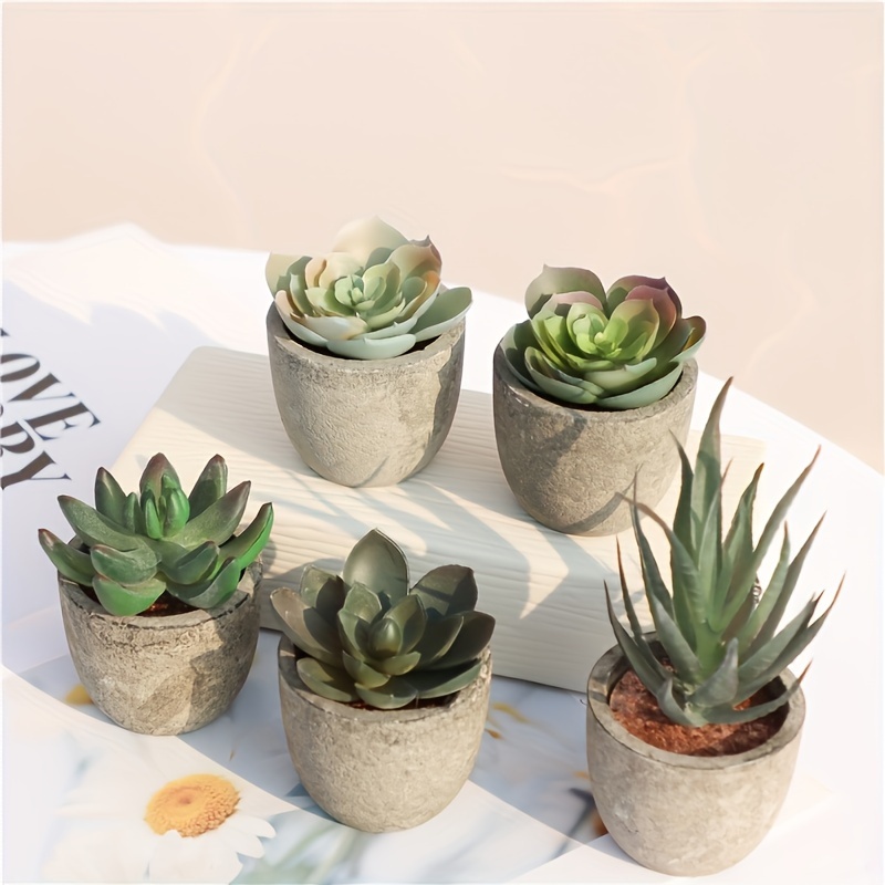 

5pcs Mini Artificial Plant Set In Concrete-textured Pots - Plants For Indoor/outdoor Decor, Home Office, Living Room, And Desk Accents, Artificial Outdoor Plants