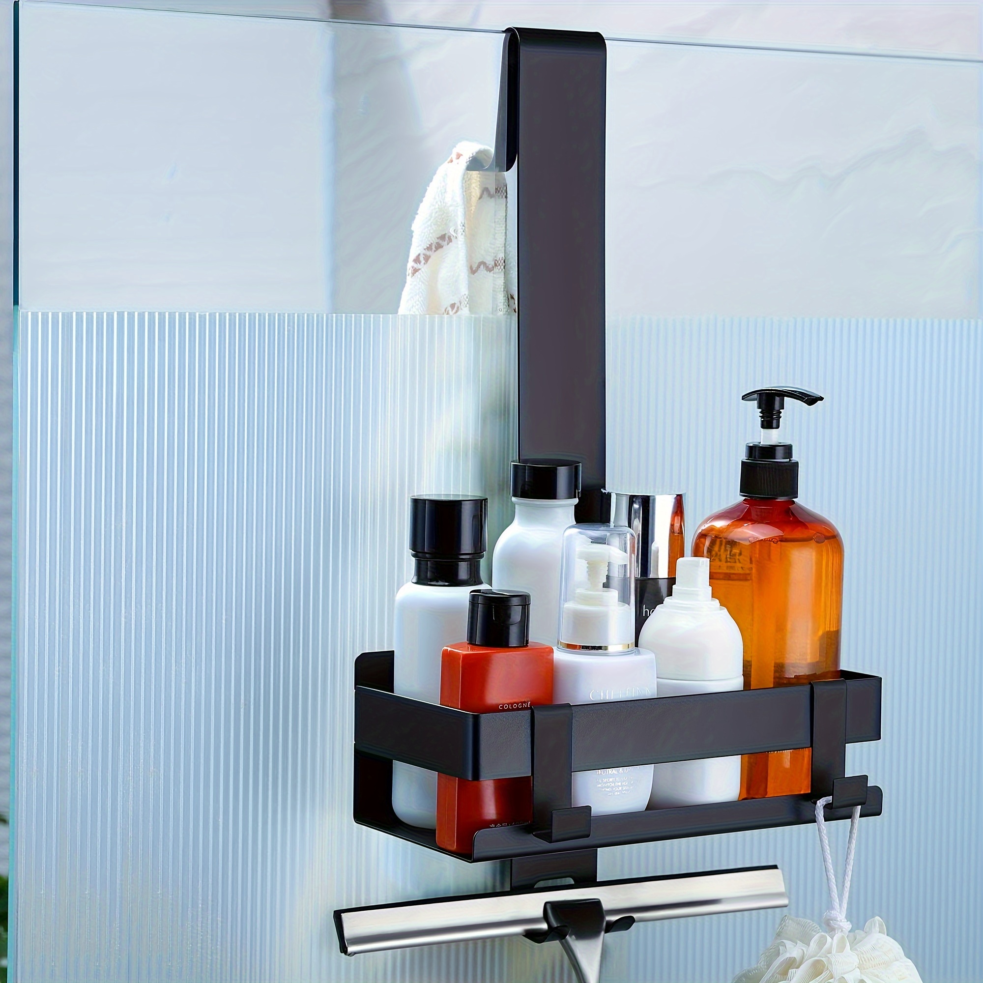 Image of A Wall-mounted Storage Rack With Hooks, A No-drill Bathroom Organizer For Cosmetics And Toiletries, Perfect For Space In Homes And Kitchens, Stylish And Practical, An For Bathroom Additions, In Black
