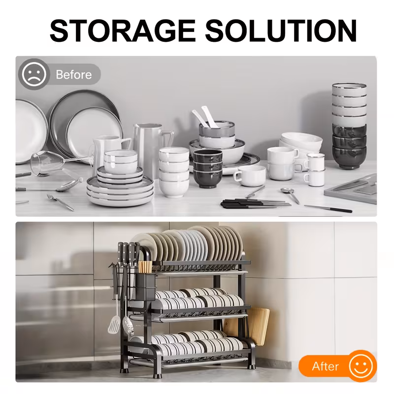 3 tier dish drainer 52cm dish drying rack with removable drip tray with cutlery holder chopping board rack kitchen organizer and storage rust proof large metal kitchen plate drainer black details 3