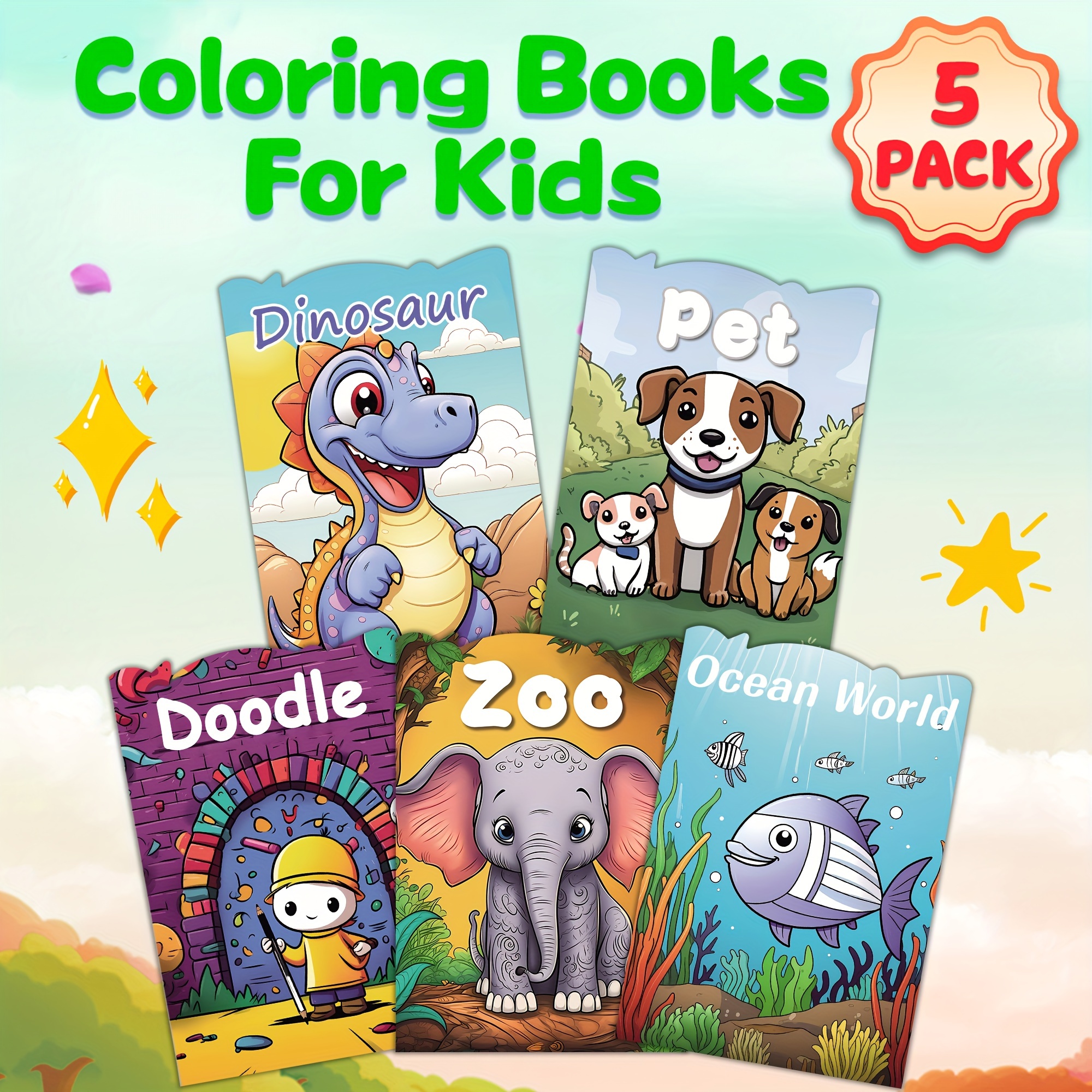 

5-pack Kids' Coloring Books - Zoo, Dinosaur, Ocean World & Pet Themes | Educational & Fun Activities For Boys & Girls Ages 3+