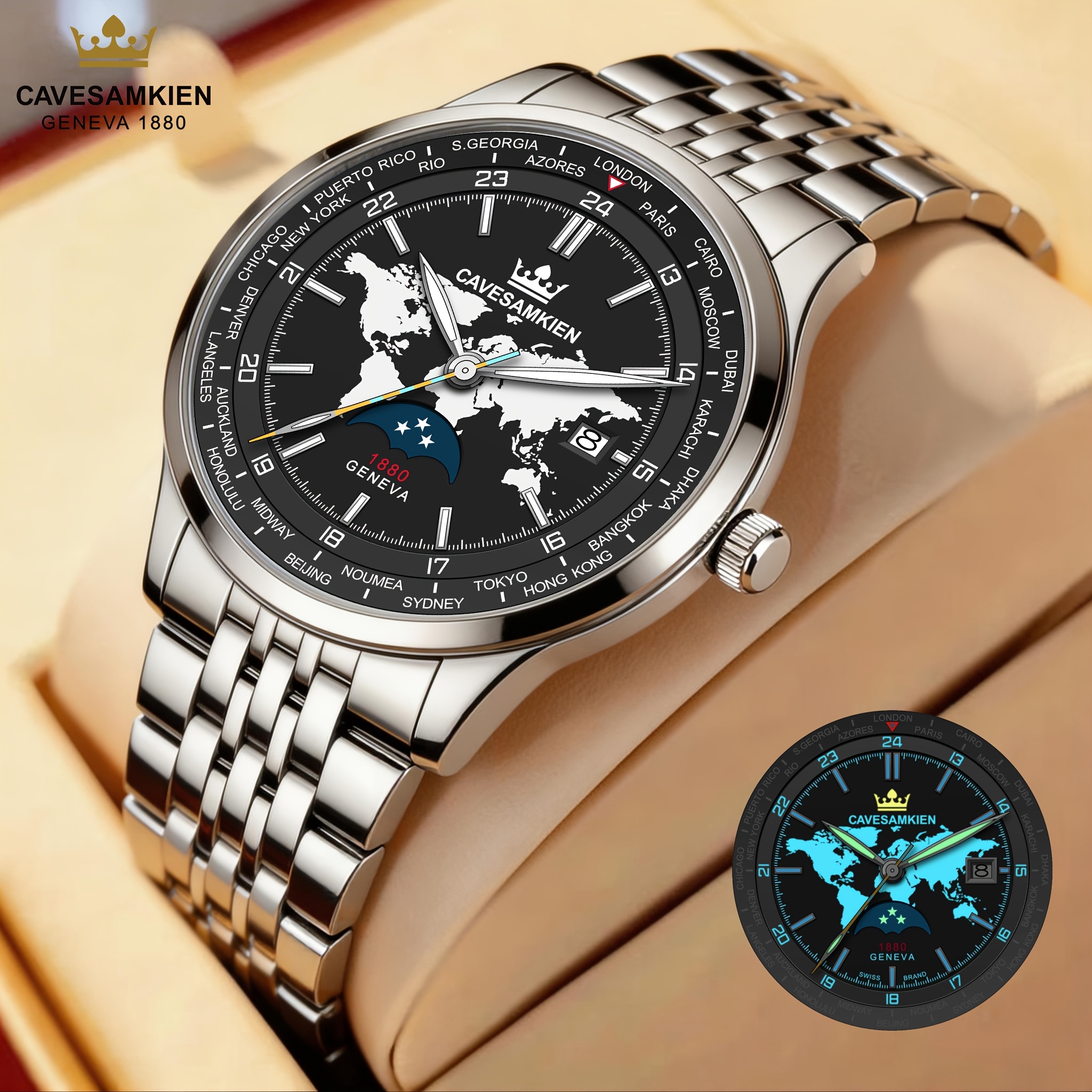 Cavesamkien Men' Mechanical Watch, Dial, Moon Phase Display, Stainless , Business & Casual Wristwatch