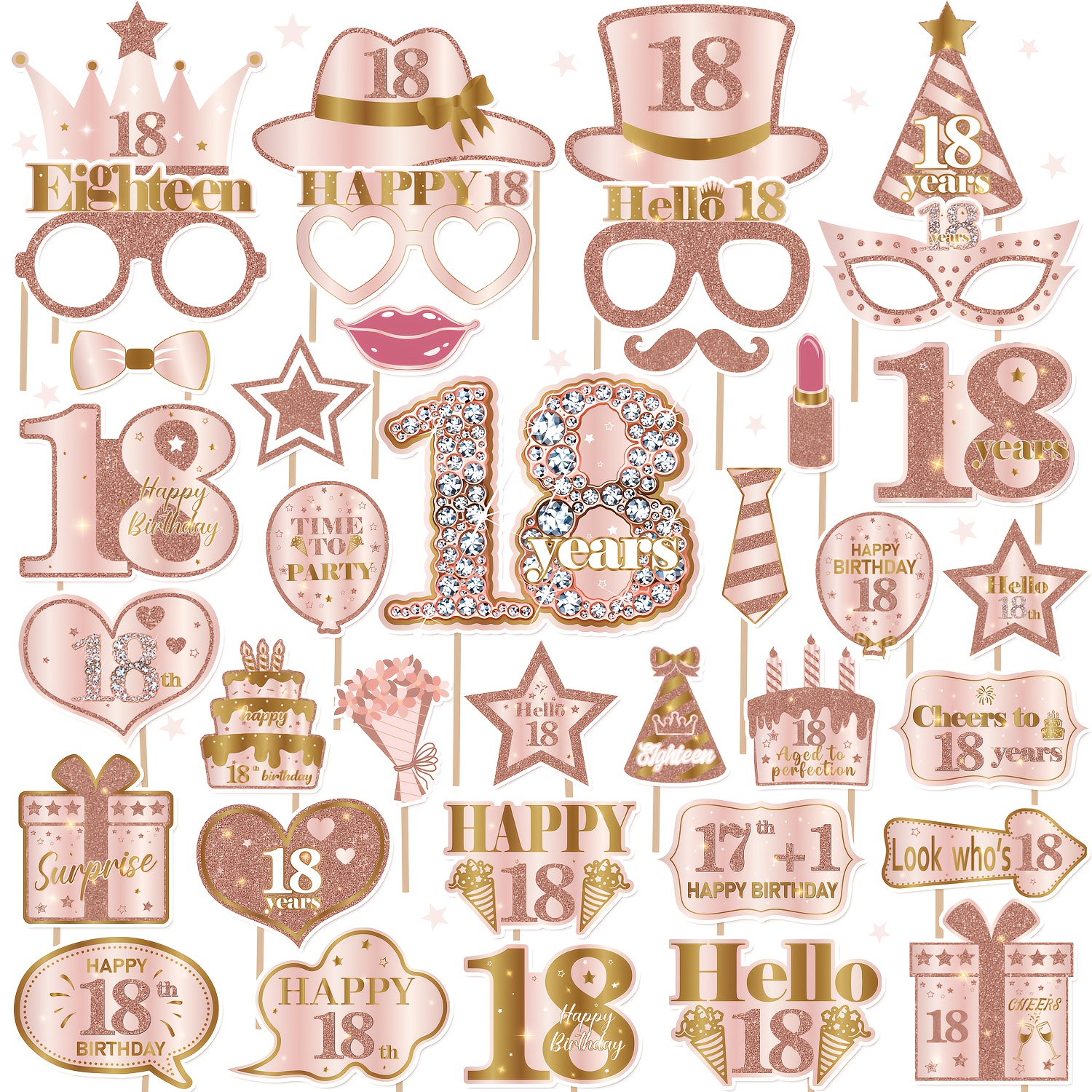 Image of 37pcs Of Decorations For An 18th Birthday, Featuring Pink Props For , Pink Photo Booth Decorations, And For An 18th Birthday Party, Suitable For Women's 18th Birthday Celebrations At Home