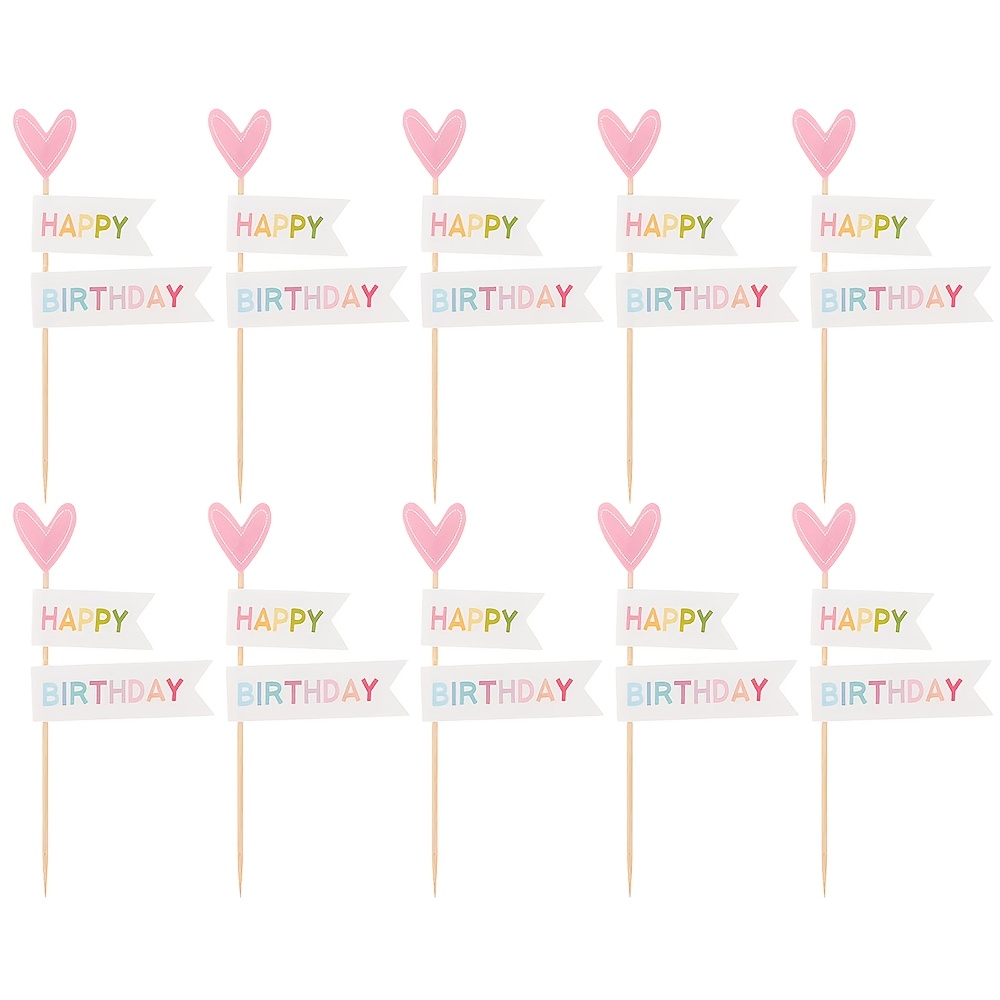 Image of 10pcs Happy Birthday Cupcake Toppers With Pink Heart - Colorful Picks For Birthday Party Decorations - Food Picks For Birthday Celebration Dessert Table Decor，halloween，christmas