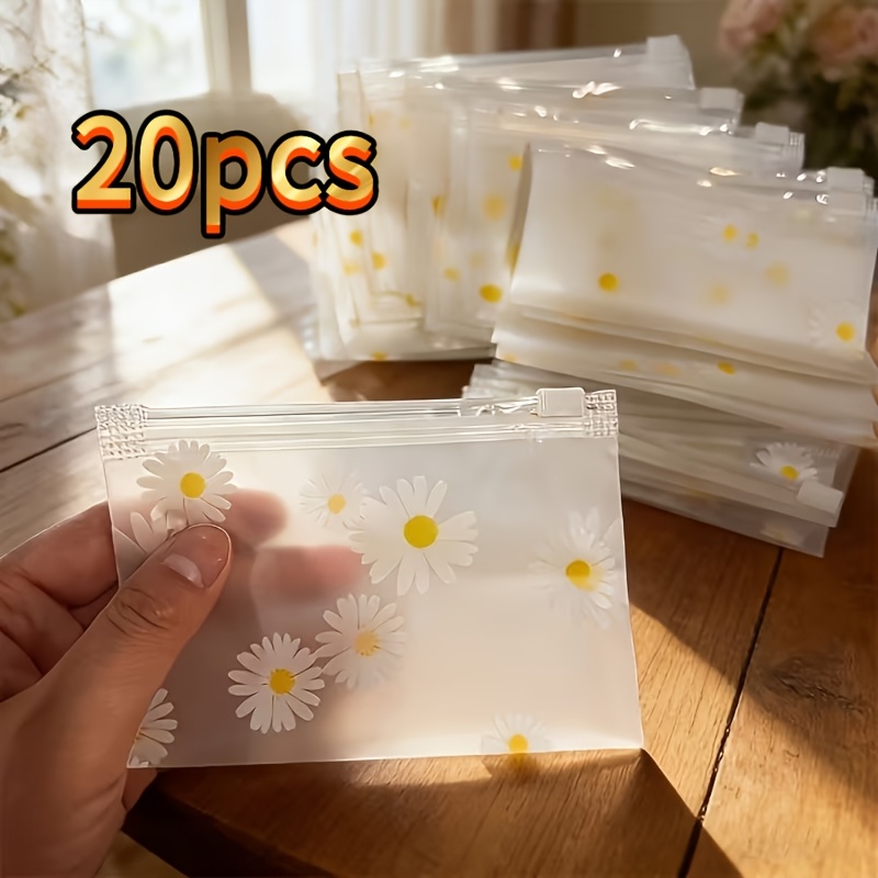 TEMU 20pcs Pack Frosted Zipper Pouches Suitable For Storage - Reusable Daisy Print Zipper Bags With Dustproof Seal, Moistureproof For Office, Home,