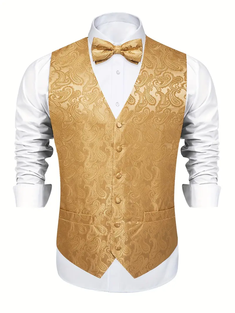 Men's Formal, Prom, Wedding, Tuxedo Vest, Bow-Tie & Hankie Set In Black Gold Paisley - Foto 8