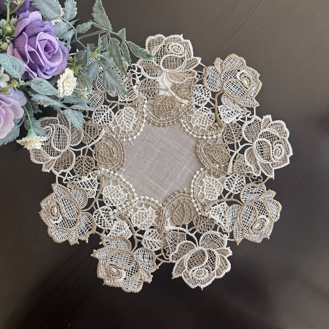 TEMU 1 pz Tovaglietta in poliestere con , patchwork, bordo in pizzo a forma , decorazione per , adatta per tavolo da , tavolino da caff癡, vassoio per
