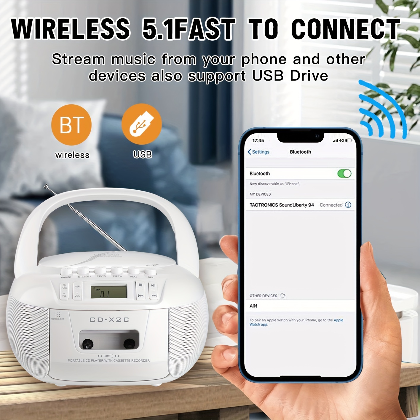 m amazup multifunctional cd player with wireless fm   cassette tape usb a b repeat audio input remote control stereo speakers headphone jack backlit display portable hard drive non rechargeable battery us plug 110 130v power supply details 2