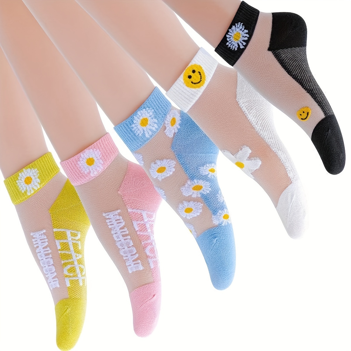 

10 Pairs Of Summer Daisy Ice Silk Short Thin Socks, Comfortable Cotton Bottom Breathable Cute Socks, Soft & Lightweight All-match Low Cut Ankle Socks, Women's Stockings & Hosiery