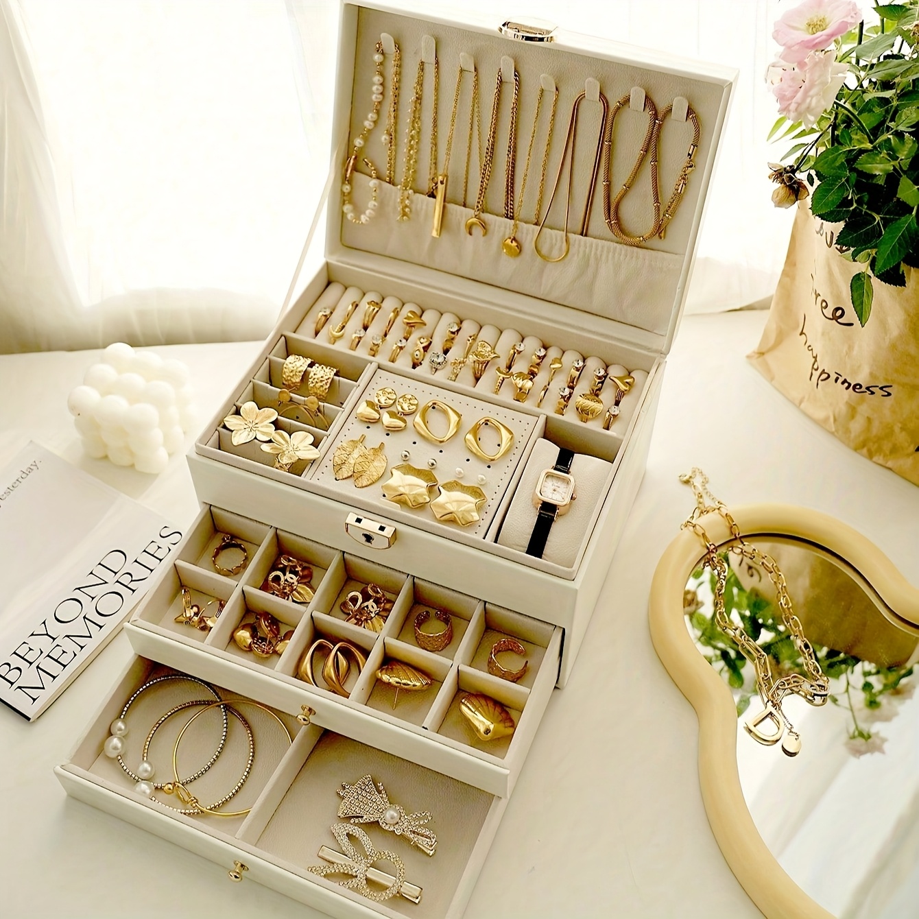 elegant french style jewelry box with key lock large capacity three tier organizer for necklaces earrings rings and bracelets   with drawers ideal for spring summer fall and winter jewelry storage classic jewelry box   jewelry boxes   Product details 0