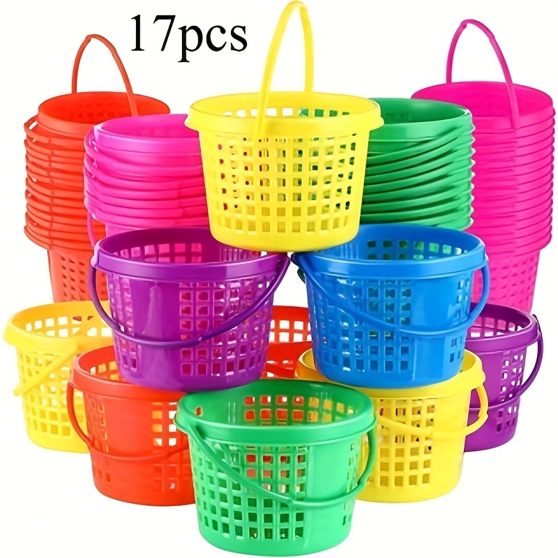 17pcs plastic easter baskets bulk mini colorful easter baskets with handles round for party egg hunts small bucket for eggs party favor random color shelf baskets 0