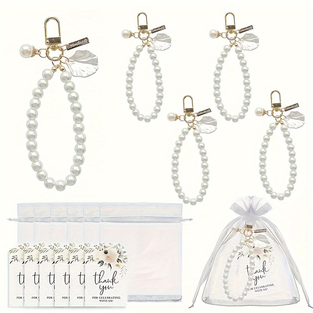 

15pcs Elegant Pearl & Shell Keychain Favors With Thank You Labels And White Organza Bags - Ideal For Bridal, Birthday, Wedding Celebrations - No Electricity Or Feathers Required