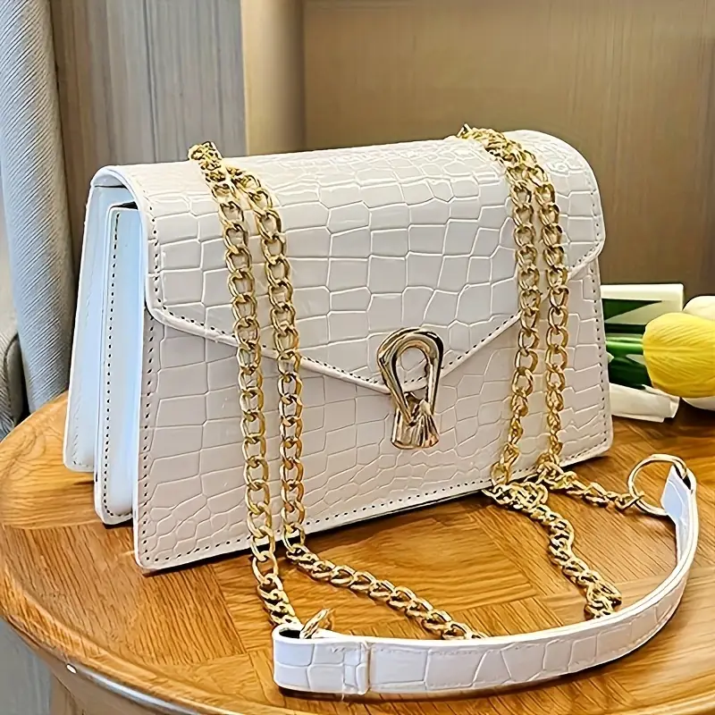 elegant crocodile pattern crossbody bag with clasp in white black rose red green luxurious polyester lined handbag for women evening handbag elegant handbag glossy details 4
