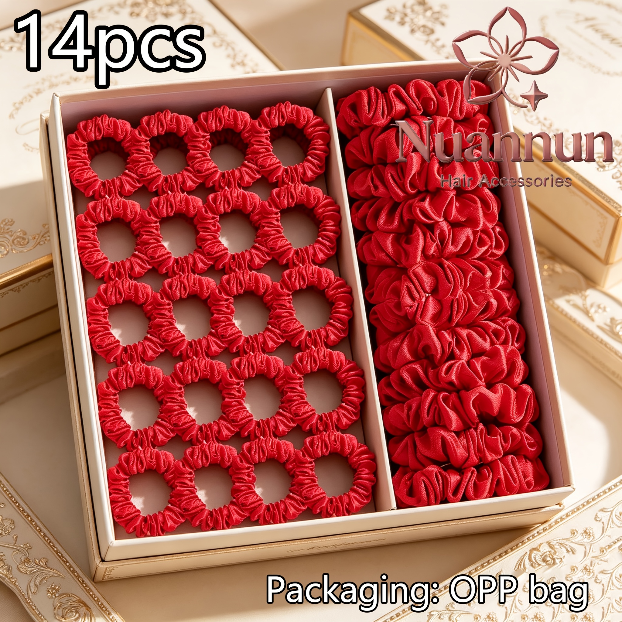 Image of 14pcs Red Easy Elegant Pleated Small Hair Tie High And Low Ponytail Lazy Bun Hair Tie Hair Additions