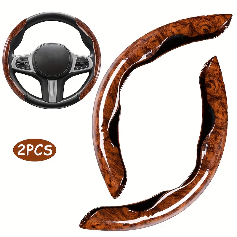 

2 Pcs Car Wood Grain Steering Wheel Cover, Segmented Non Slip Steering Wheel Cover, Luxurious Car Interior , Universal Wheel Protector For Men Women