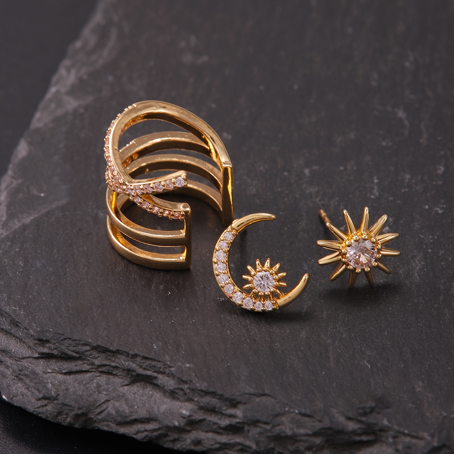 3pcs Bohemian Star Moon Sun Ear Studs Set with Zirconium Inlay