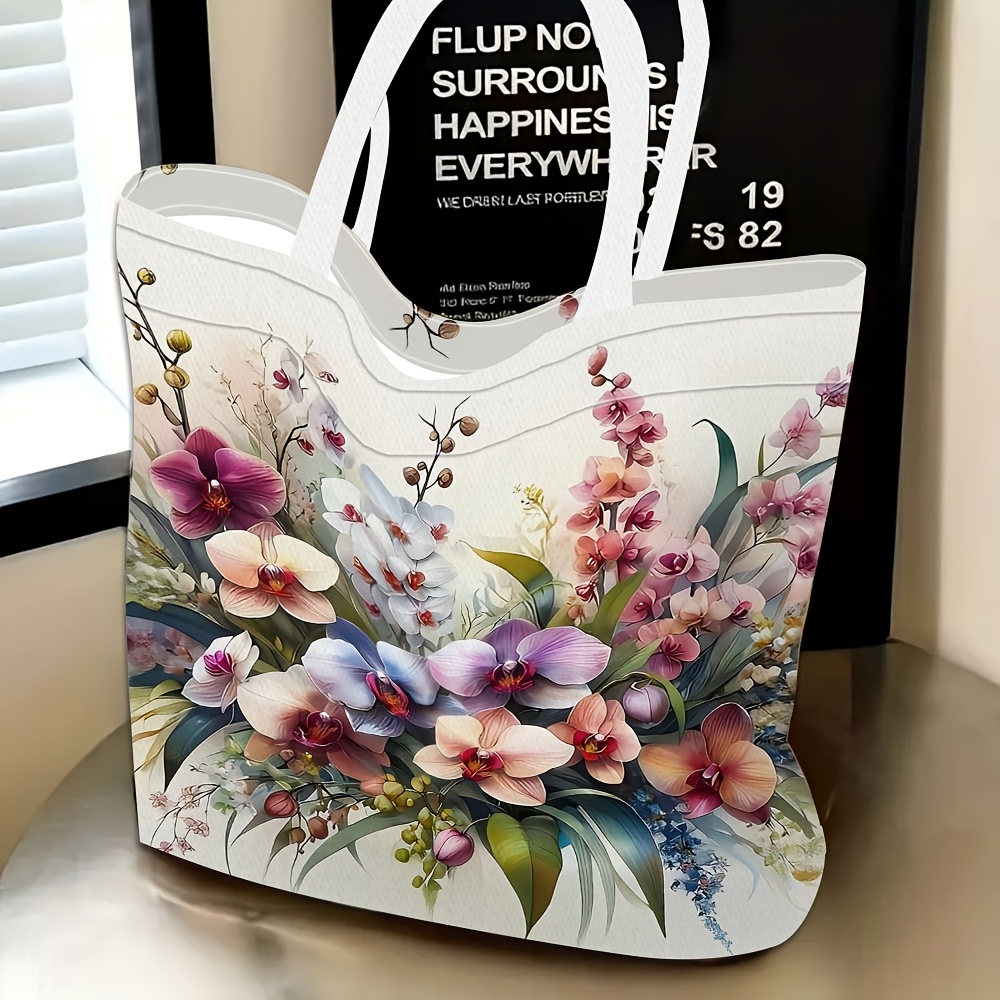 TEMU 1pc, Orchid Floral Theme Exquisite Women's Shoulder Bag, Large Capacity Storage Handbag, Lightweight Foldable, Multifunctional And Versatile,