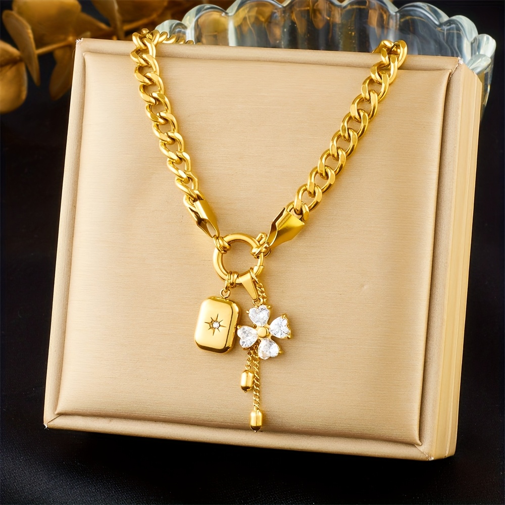 Image of 304 Stainless Steel Golden Thick Chain Flower Tassel Pendant Fashion Trend High Quality Necklace Women's Jewelry